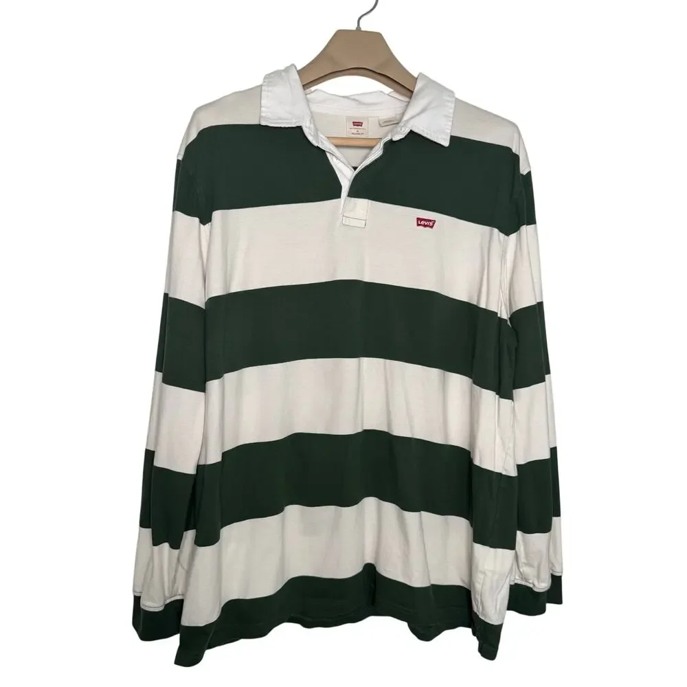 Levi’s Rugby Shirt Men’s XL Green White Stripe Relaxed Fit Long Sleeve Polo